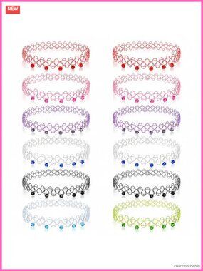 12pc Stretchy Elastic Tattoo Bracelet Set Gemstone Beads Retro Y2K Layering